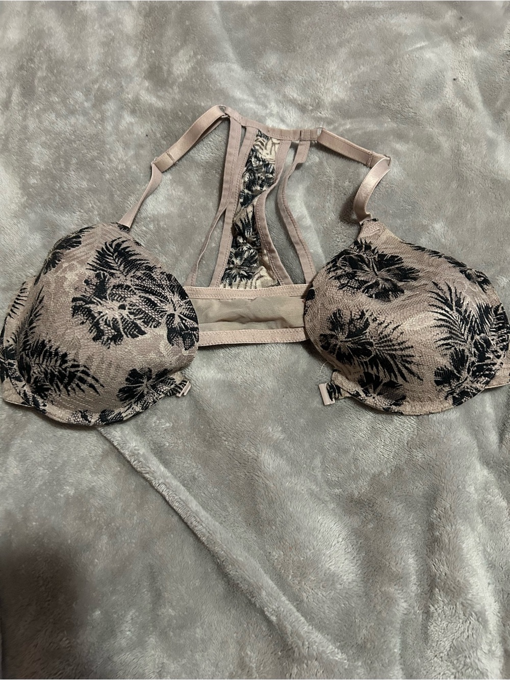 PINK Victoria's Secret Beige Bra with Black Palm Print
